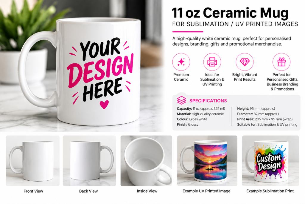 11oz White Ceramic Mug – Custom Sublimation & UV Printed | Personalised Trade