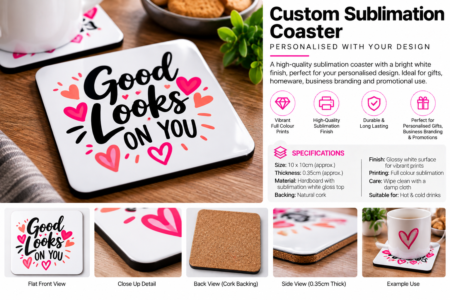 Personalised Sublimation Coaster 10 × 10cm – White Gloss Finish & Cork Backing | Trade