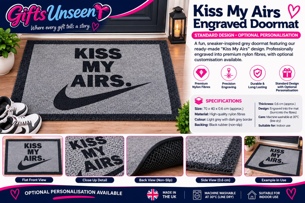 Kiss My Airs Engraved Grey Doormat – Sneaker Inspired | Optional Personalisation | 70 × 40cm