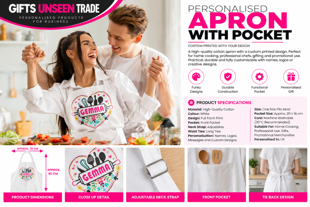 Personalised White Cotton Apron with Pocket – Custom Printed Design | Trade