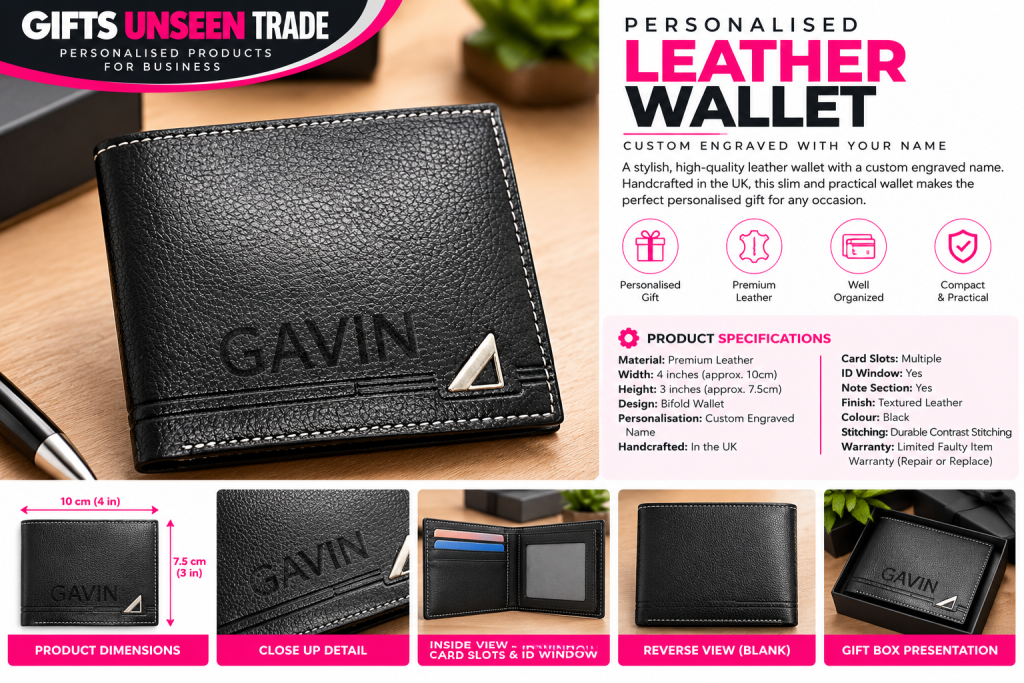 Personalised Black Leather Bifold Wallet – Custom Engraved Name | Trade