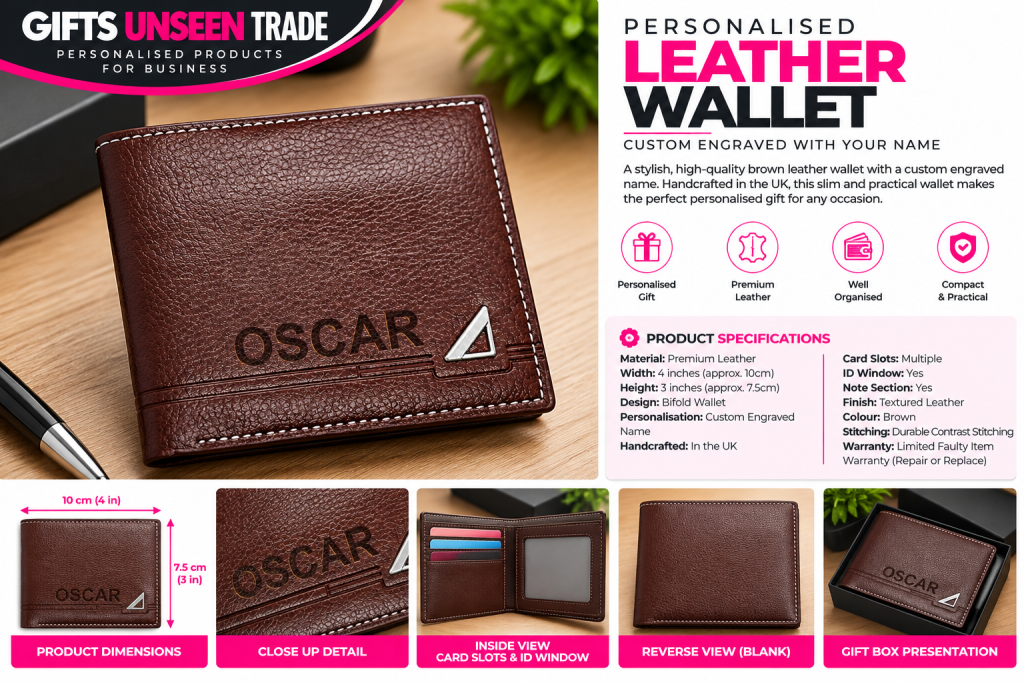 Personalised Brown Leather Bifold Wallet – Custom Engraved Name | Trade