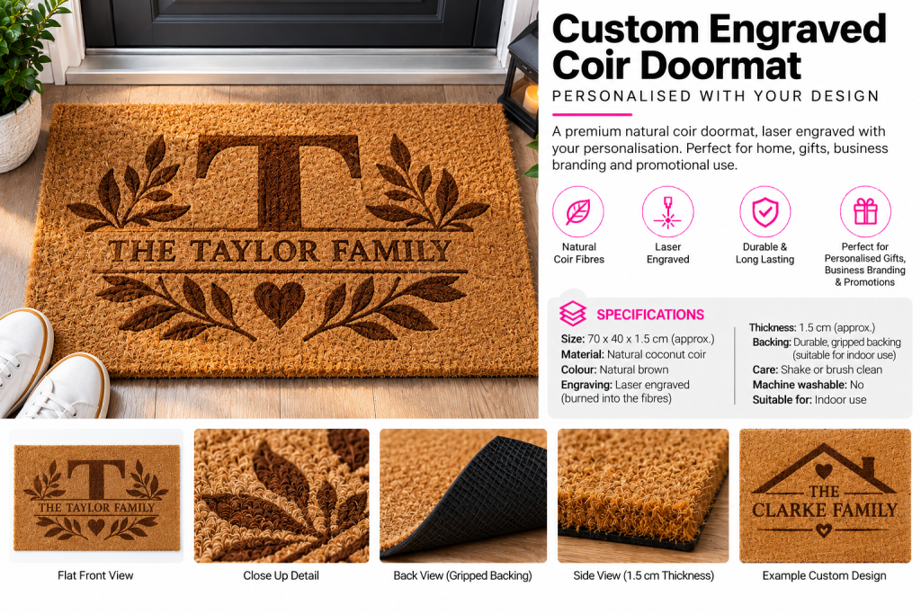 Personalised Natural Coir Doormat 70 × 40cm – Custom Laser Engraved | Trade