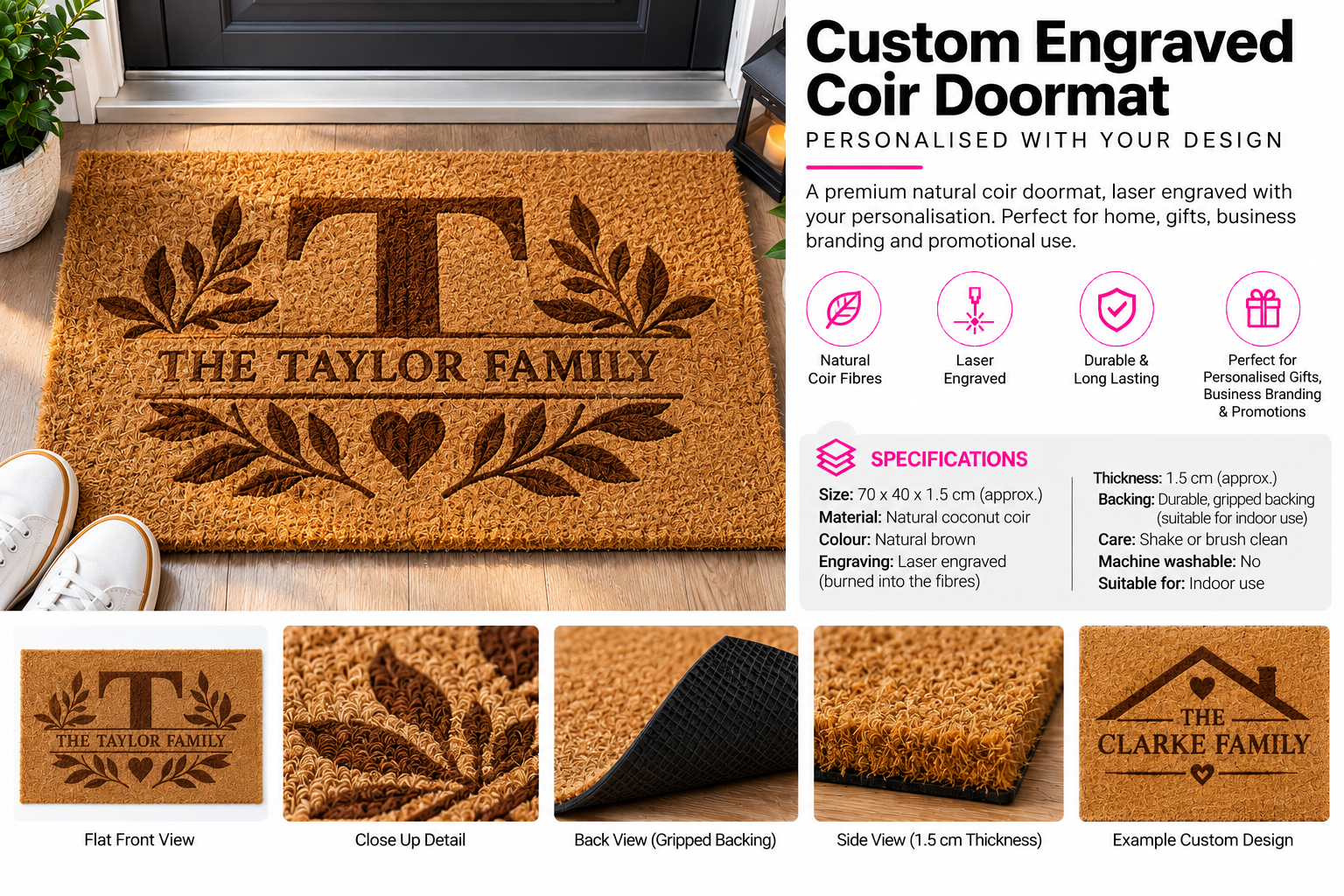 Personalised Natural Coir Doormat 70 × 40cm – Custom Laser Engraved | Trade