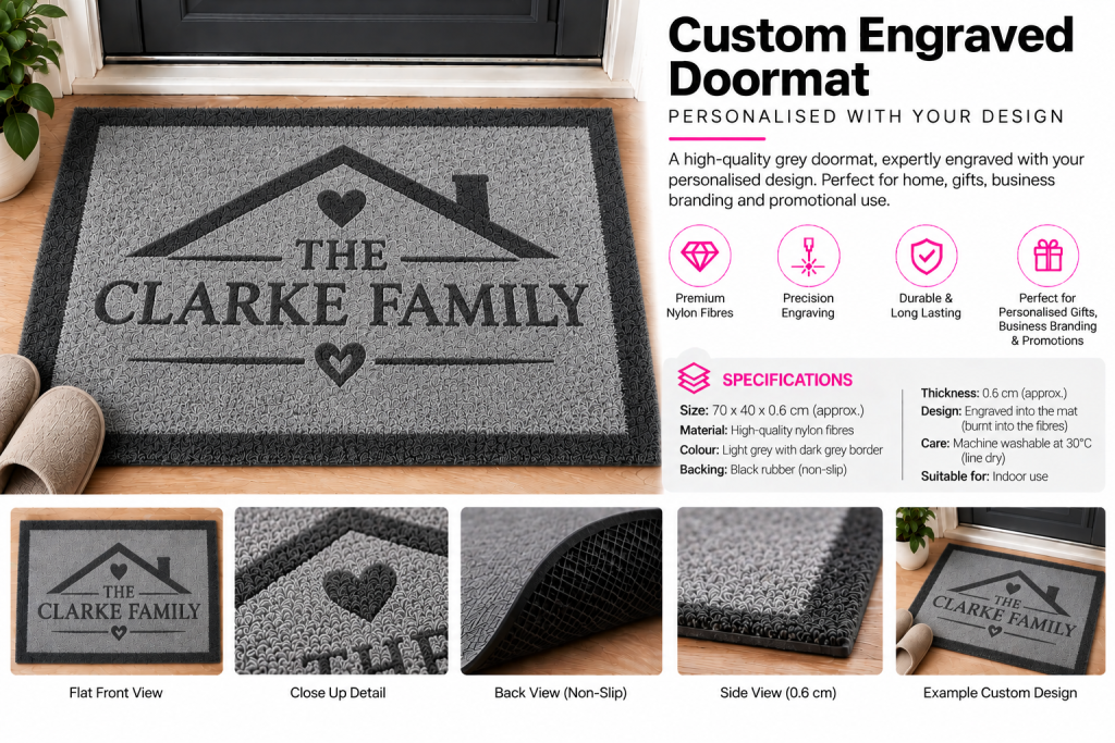 Personalised Grey Nylon Doormat 70 × 40cm – Custom Laser Engraved | Trade