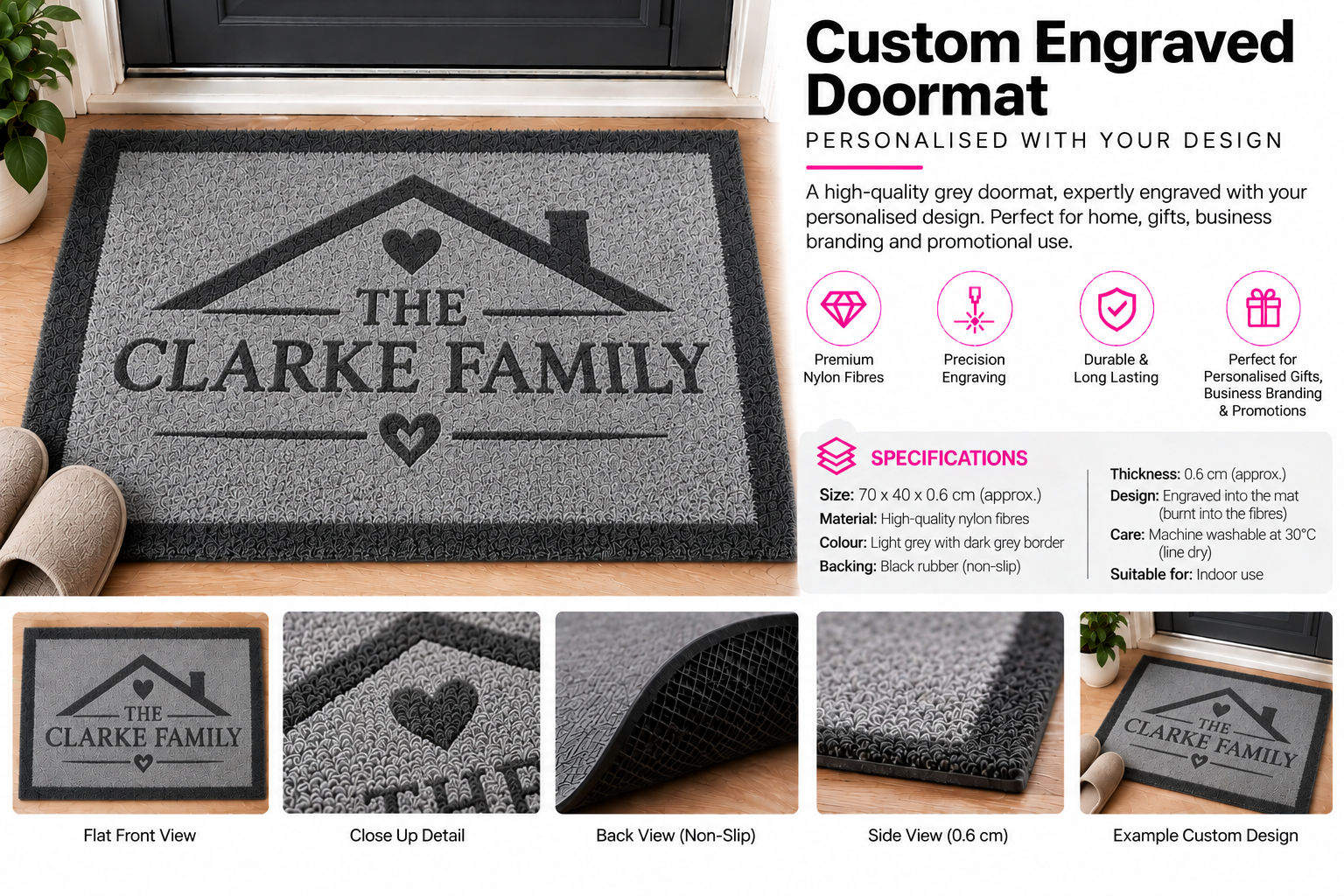 Personalised Grey Nylon Doormat 70 × 40cm – Custom Laser Engraved | Trade