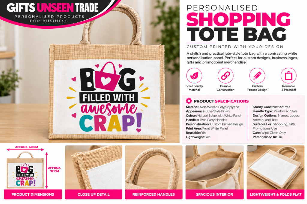 Personalised Jute-Style Shopping Tote Bag – Custom Printed Design | Trade
