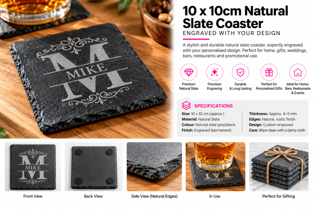 10 x 10cm Natural Slate Coaster – Personalised Laser Engraved | Trade & B2B