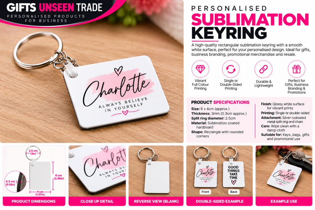 Personalised Sublimation Keyring 6 x 4cm – Single or Double-Sided Full-Colour Printing