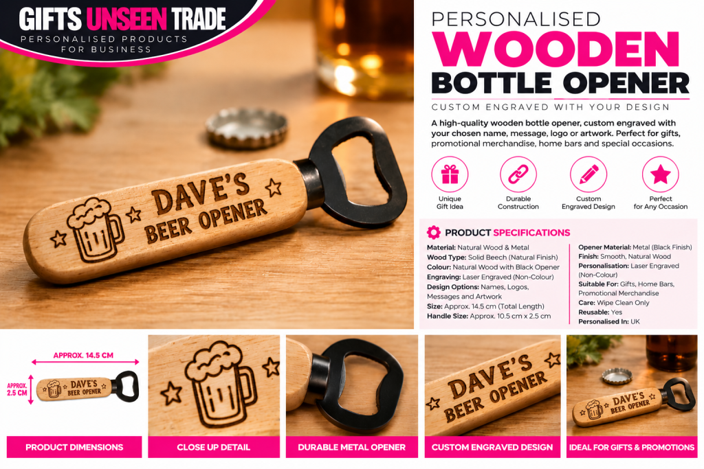 Personalised Wooden Bottle Opener – Custom Laser Engraved | Trade
