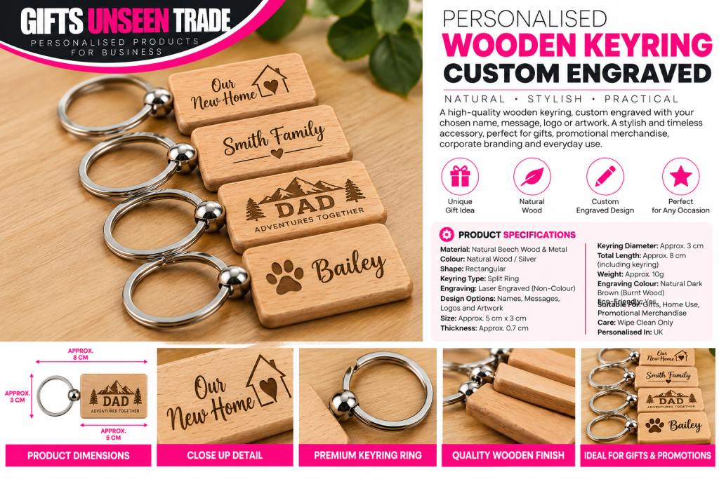 Personalised Wooden Keyring – Custom Laser Engraved | Trade